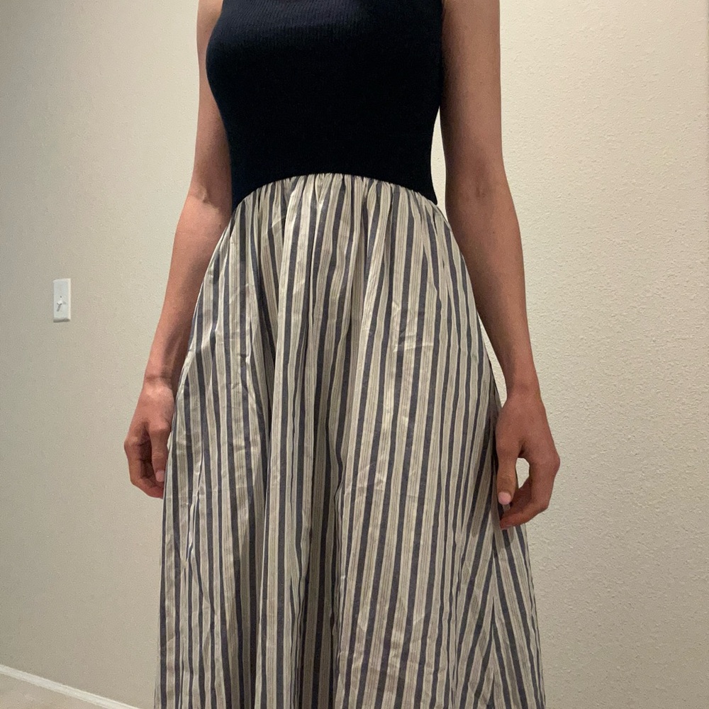 Baltic Born Navy Blue and White Striped Maxi Dress